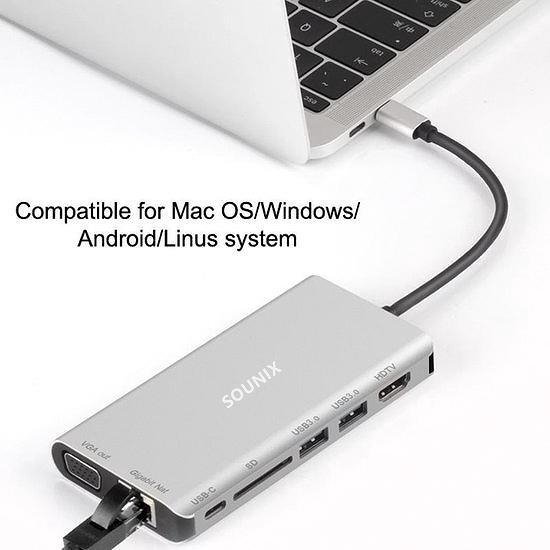 Sounix 8in1 USB C HUB - USB C naar HDMI 4K@30hz - VGA - 2xUSB3.0- Power Delivery -1000M LAN - SD - 3.5mm audio