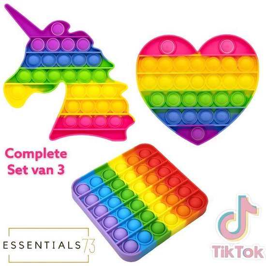 ESSENTIALS73 Pop it Fidget Set van 3: Regenboog set - Rainbow set - Unicorn + Hart + Vierkant - Tiktok