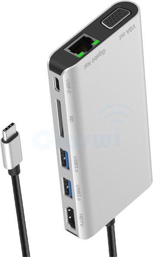 Sounix 8 in 1 USB C HUB - USB C naar HDMI 4K@30hz+VGA+USB3.0*2+PD+1000M LAN+SD+3.5mm audio