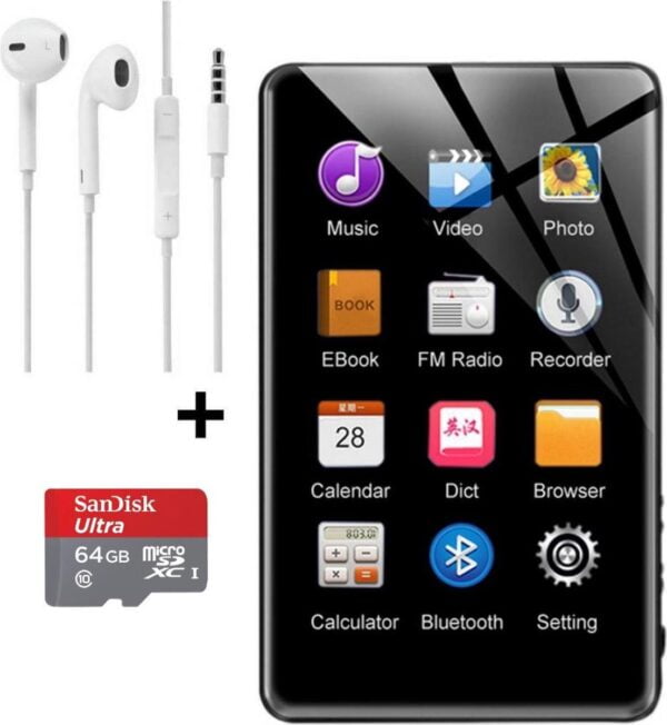 MP3 Speler - MP3 Speler inclusief Oordopjes - MP3 64GB Geheugen INCLUSIEF SD Kaart - MP3 Speler Zwart - Bluetooth Functie MP3 Speler - Nieuwe Versie